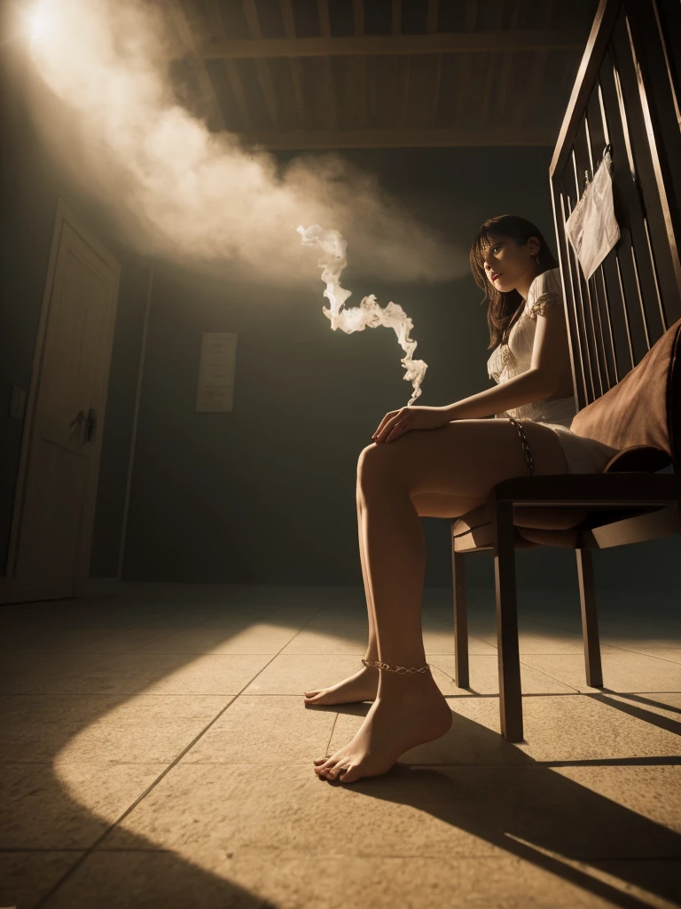 (lens flare, bokeh, Wide-Angle, Ultra-Wide Angle, from below, from side, wide shot, isometric, afterimage, partially underwater shot), ((Detailed eyes)), [woman in chain:1.3], bare feet, full body in container, dirty woman chained to a chair in a cage, white torn stockings, broken glasses, woman in chain in a cage, iron bars, desperate expression, worried alice in wonderland in chain in a cage, concerned about future, brunette, realistic hands, photorealistic, grandpawds, 4k UHD, dark vibes, hyper detailed, epic composition, octane render, sharp focus, high resolution isometric, (film grain:1.3), The light is sparkling, high quality photography, 3 point lighting, flash with softbox, 4k, HDR, smooth, sharp focus, high resolution, award winning photo, 80mm, f2.8, bokeh, (phgls, chained to a chair in a cage, bottle). [The character (complete) is surrounded by mist, evoking a mysterious and eerie atmosphere. The lighting is dark and atmospheric, with a red smoke adding a touch of sinister ambiance. Best quality image, with a resolution of 4k and HDR enhancement, showcasing the utmost level of detail and realism, full body shot:1.5]. [8K, Best Quality, Ultra High Resolution, (highly detailed CG unity 8k wallpaper), (best photo), (best shadows), isometric 3D, octane rendering, ray tracing, highly detailed, (Best quality, 4K, 8k:1.2), absurdity, ultra detailed, (realistic, photorealistic, photorealistic:1.37), complex parts, HDR, (complex parts:1.12), (hyper detailed, hyper realistic, Soft lighting, spicy:1.2), (complex parts, Hyper detailed:1.15). Blurred foreground. (backlit), masterpiece, high quality, brightness, chromatic aberration, 8k uhd, foggy smoke, shadows, contrast, clear sky, (warm hue, warm tone), high details, natural reflections].