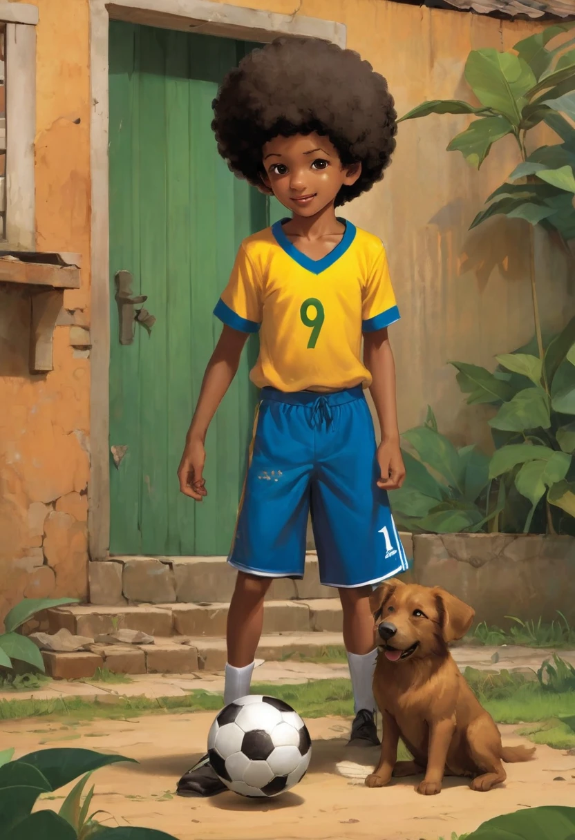 A poor Afro-Brazilian boy in a typical Brazilian house playing with a soccer ball drawn by Todd McFarlane and Greg Capullo, he is wearing old and torn clothes, he is playing with a soccer ball and playing with his dog, a backyard of a typical Brazilian house in the background, brown dog typical of Brazil, the dog tries to bite the soccer ball, a soccer ball at the boy's feet, the soccer ball must appear in the image, Robert Downey Jr Reference.., engine unreal, octane rendering, por Jacob Lawrence e Francis picabia, perfect composition, beautiful detailed intricate insanely detailed octane rendering trending on artstation, 8k art photography, photorrealistic concept art, soft natural volumetric cinematic perfect light, Bright dark, rewarded photography, artwork, oil on canvas, rafael, caravaggio, Greg Rutkowski, beetle, Beksinski, giger, face with two large central incisors and visible gums, the boy is running and we can see his teeth and gums, the detail, highy detailed, photo realist