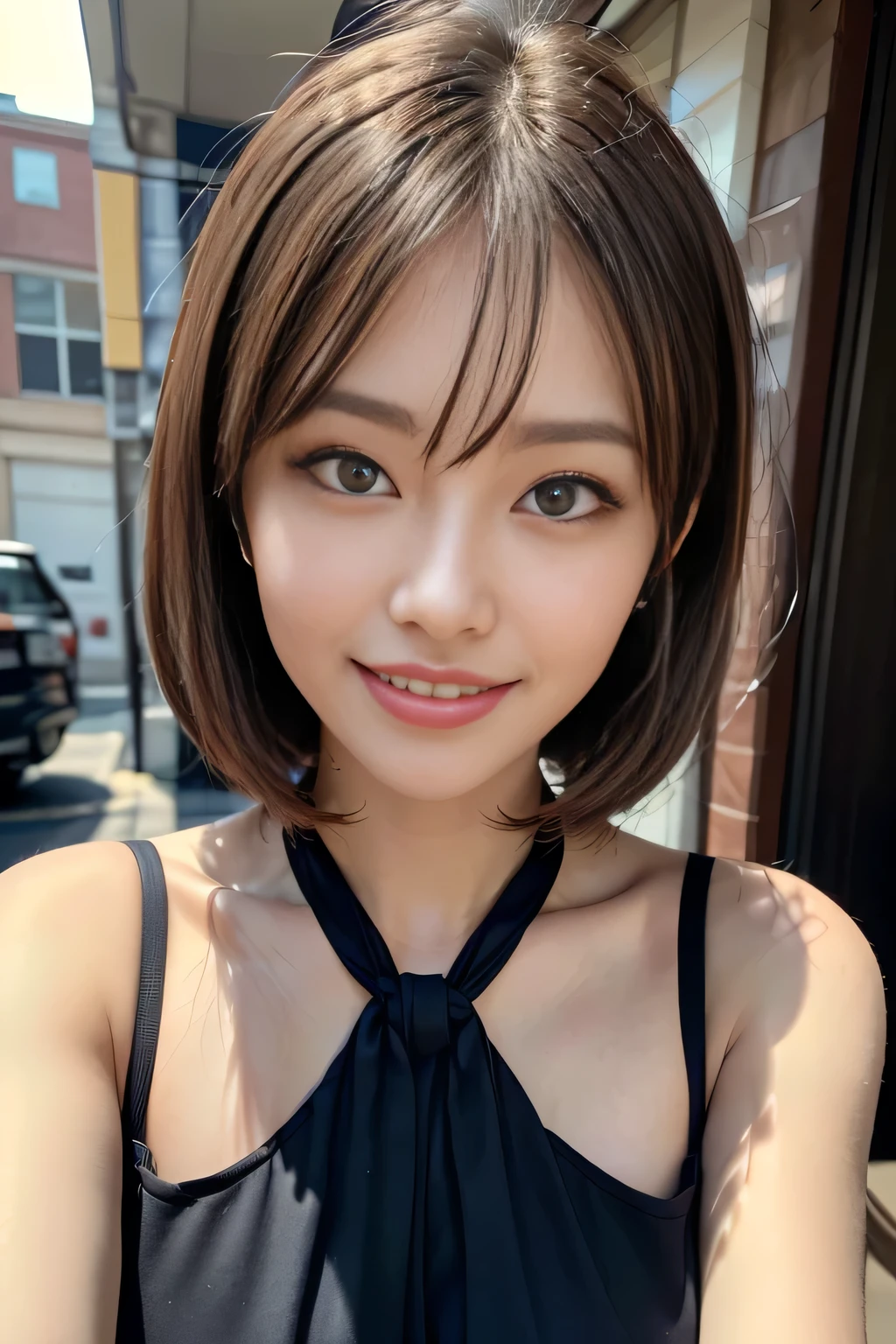 ((One ultimate beauty)), mature, Beautiful Face, Detailed lips, Beautiful eyes in every detail, double eyelid, Long eyelashes、Grin, ((Beautiful teeth alignment)), Captivating Gaze、Captivating smile, Very short brunette bob、eyelash、Elegant eyeshadow、Seductive makeup、Seductive gestures、Captivating look、((Elegant halter neck dress in red and black with intricate details))、(Hide your chest)、(Large Breasts), high quality、High resolution、(Written boundary depth)、(chromatic aberration)、necklace、耳Nipple Ring、bracelet、RAW Photos、Realistic、(masterpiece)、Realistic、Masseter region, 最high quality,Hyper Detail,(Detailed eyes and face) charm:Natural Makeup,View your audience, alone, ((Cowboy Shot))