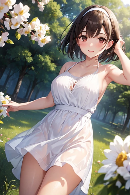 nsfw、

anegasaki nene、Shiny brown hair, short hair, Beautiful brown eyes、smile、Sparkling eyes, (Fine grain)、Super detailedな目、Very detailed顔, Very detailed目,


(Highest quality,masterpiece:1.2),Absurd,High resolution,Super detailed,Very detailed,32k,8K resolution, Intricate details,Movie Scenes,Detailed Background,alone,Dynamic Angle,

White sun mini dress、White hair band、

High detail, Super detailed, 超High resolution , Girls having a good time in an open field, Surrounded by natural beauty, The warm sun shining down on her, White flowers swaying gently in the breeze. Butterflies and birds flutter around her, Creates a playful atmosphere , --v6