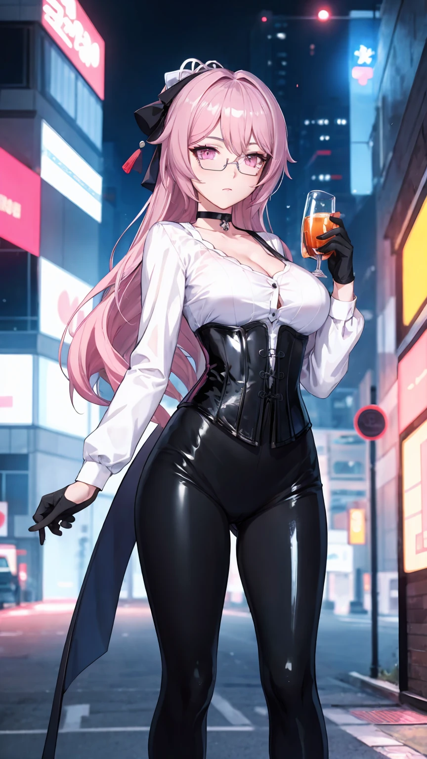 Masterpiece, Beautiful art, professional artist, 8k, detailed body, Very detailed face, very detailed eyes, Detailed clothing, detailed fabric, Best Quality, better resolution, 1 girl, bronya zaychik \(HONKAI IMPACT 3rd\), front view, standing, big breasts, serious expression, faded pink eyes without pupils, long silver hair, round chinese glasses, choker:1.6, (white collar button down long sleeve shirt), (shiny black corset), black gloves that cover your hands, (shiny black leggings), looking at the viewer, modern city, At night