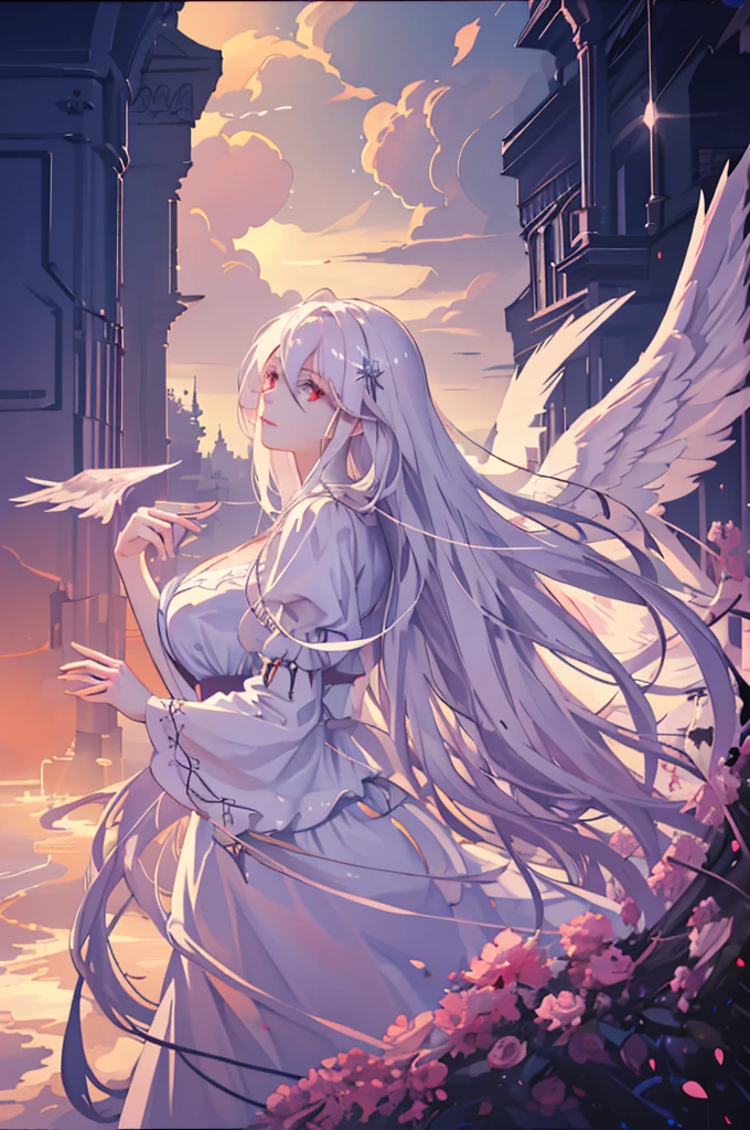 (very delicate, Masterpiece, Excellent lighting and shadows, HD wallpaper 8K), woman, 25 years old, goddess, Greek, white angel wings, big wings, Wingspan, red eyes, Big eyes, white hair, long straight hair, plump lips, pink cheeks, big breasts, wide hips, สวมชุดเทพGreek, The fabric is long and flowing.., white dress, Among the clouds, star, at night