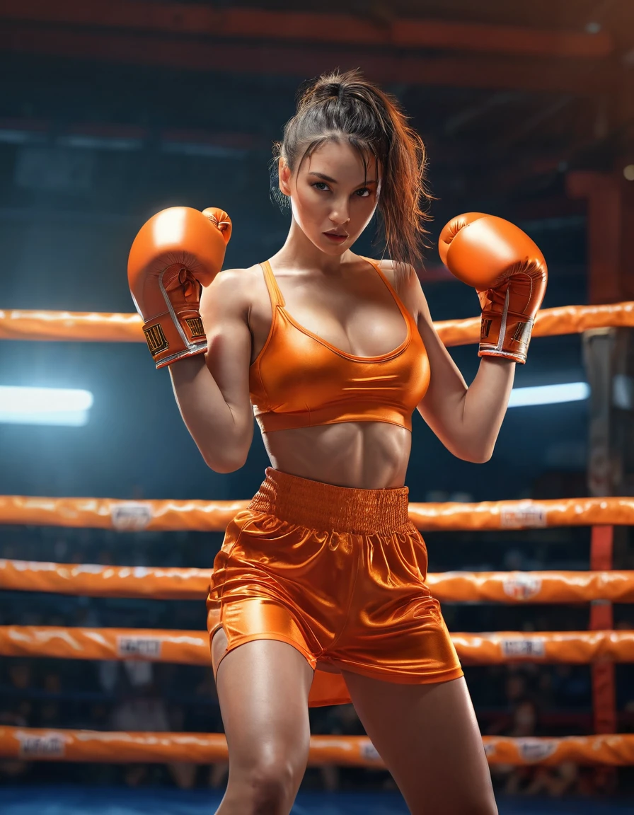 1girl, seductive girl, see-through boxing dress, braless, perfect body, dynamic pose, boxing ring, vibrant orange boxing gloves, detailed expressive face, cinematic lighting, vibrant colors, athletic, high heels, athletic outfit, provocative, boxing, (best quality,4k,8k,highres,masterpiece:1.2),ultra-detailed,(realistic,photorealistic,photo-realistic:1.37)