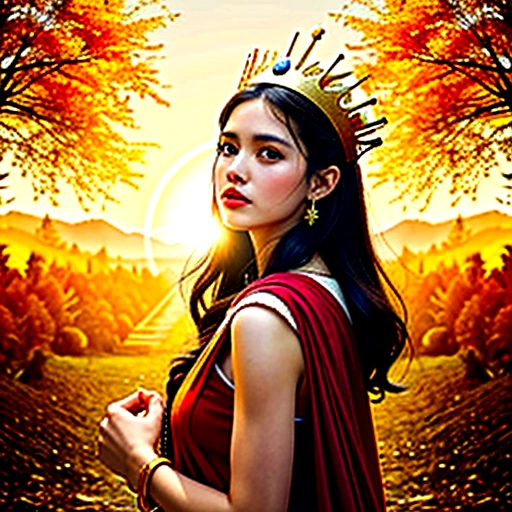JesusChrist, rey, triumphant with golden crown, in the background a beautiful nature landscape