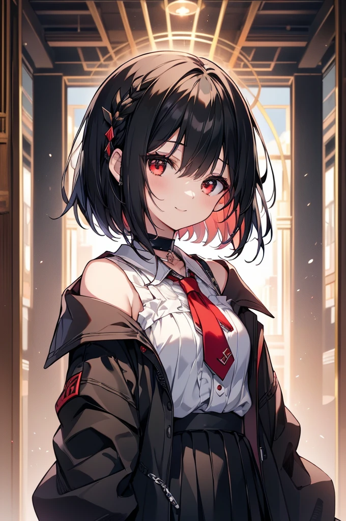 (masterpiece, highest quality, highest quality, (No text), Beautiful and aesthetic:1.2),No text,アニメ、BREAK,One Girl，Black Hair Girl　short hair　older sister　choker　Tree Eyes　Beautiful eyes　Red eyes　cool　smile　Red and Black　Black jacket　mini skirt　whole body　In town