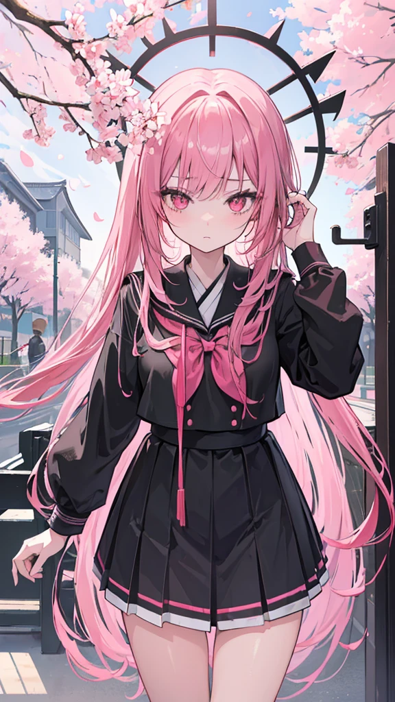((best quality)), ((masterpiece)), (detailed), 1girl, black_school_uniform, very_long_pink_hair, messy_hair, red_eyes, sharp eyes, sharp eyelashes, Japanese_school_building_entrance_gate_background, cherry_blossoms, narrowed_eyes, deadpan_expression, pink_hair