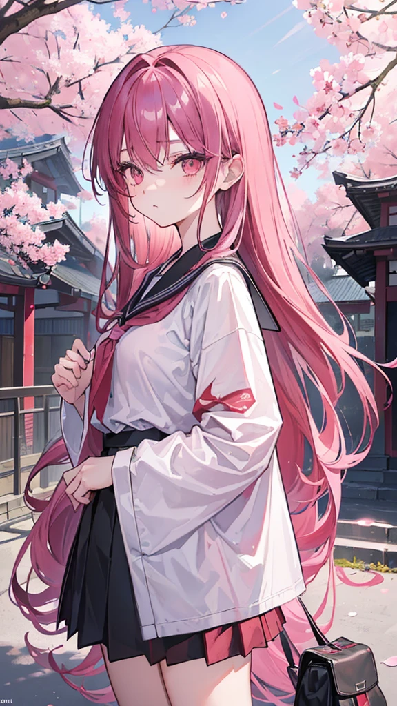 ((best quality)), ((masterpiece)), (detailed), 1girl, black_school_uniform, very_long_pink_hair, messy_hair, red_eyes, sharp eyes, sharp eyelashes, Japanese_school_building_entrance_gate_background, cherry_blossoms, narrowed_eyes, deadpan_expression, pink_hair