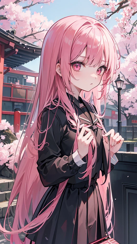 ((best quality)), ((masterpiece)), (detailed), 1girl, black_school_uniform, very_long_pink_hair, messy_hair, red_eyes, sharp eyes, sharp eyelashes, Japanese_school_building_entrance_gate_background, cherry_blossoms, narrowed_eyes, deadpan_expression, pink_hair
