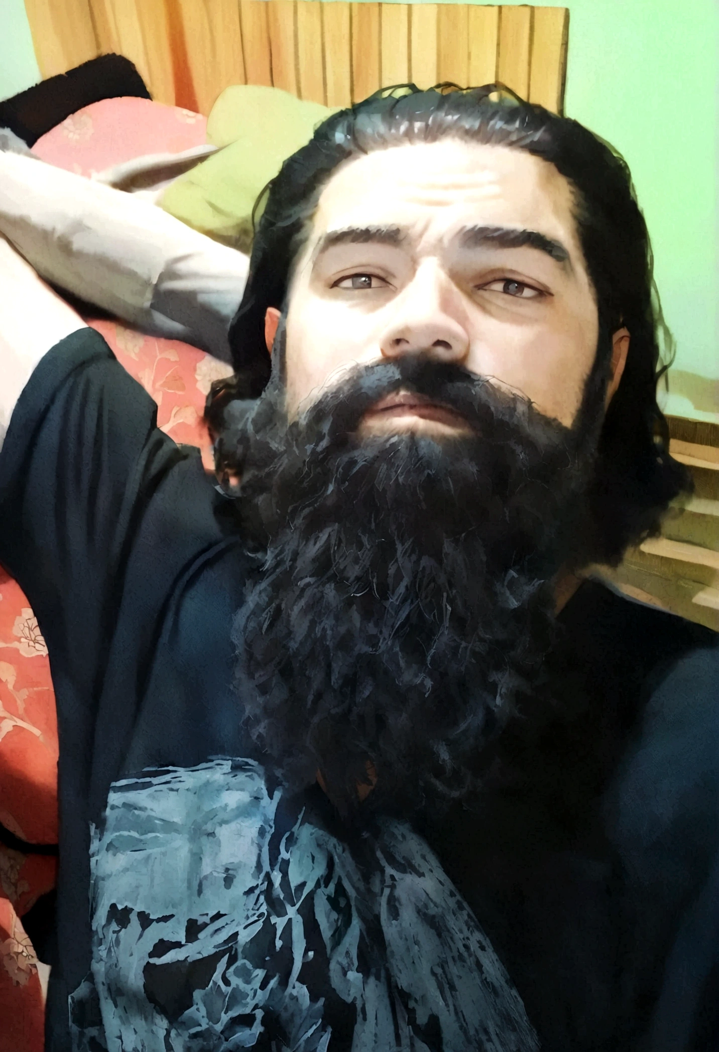 man with long beard, medium hair with a gradient background