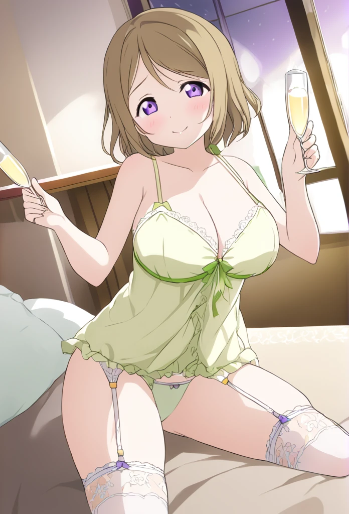 Hanayo Koizumi Yellow-brown hair Purple eyes Shaggy Bob Yellow-green nightgown White garter belt smile Huge breasts night Love Hotel Moonlight leaking through the window Seduce Lie down on the bed holding champagne glasses