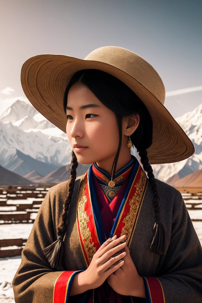 surrealism, Verism, Chiaroscuro, Depth of field, Cinematic lighting, movie picture quality,strong contrast of light and shadow,back lit lighting, filmgrain, hyper HD, Masterpiece, ccurate, Textured skin, Super detail, High details, High quality, Best quality, A high resolution, 8K,The scene is the scenery of the Qinghai-Tibet Plateau,There are snowy mountains,prayer flags,wooden cabin,「A beautiful 28-year-old Tibetan girl」,The costumes are Tibetan art costumes,Photographic style