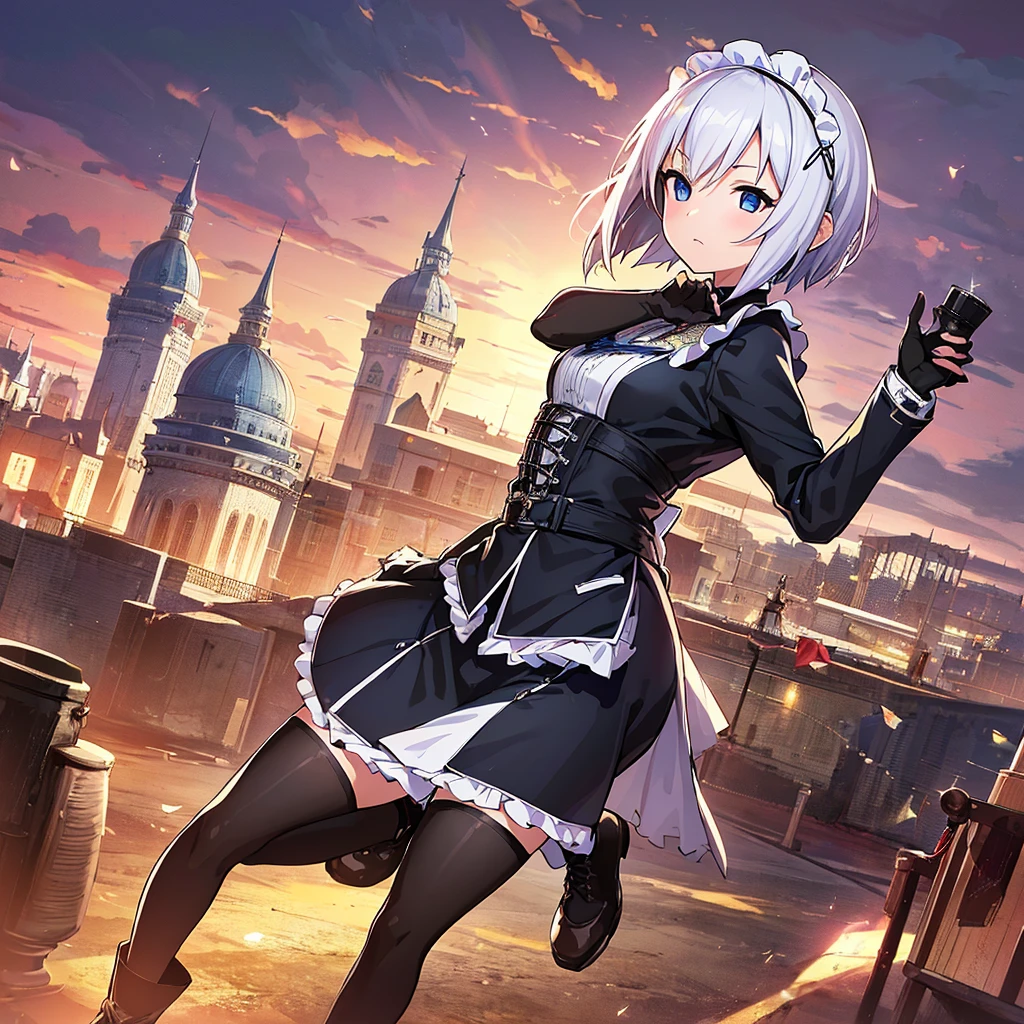 Illustration of one person, Dengeki Bunko, Woman Looking Back, Perfect Human Medicine, Woman keeps falling, {{{{{Maid clothes}}}}},Small Tits,anime, Two legs, Cool,{{{{{50 year old woman}}}}} ,{{{{{a person is depicted}}}}},(Official Art、{{{{{Upper Bodyアングル}}}}},Highest quality、Unity 8k wallpaper、32k、masterpiece、Ultra-detailed、Ultra-high resolution, Realistic、Grab your hair with your hands, Photorealistic:1.2)、(Cinema Lighting:1.2)、,Fire Glow Effect、The most grainy shadows on the film、Rim Light、Side light、Side Shot、(Ultra-detailedで複雑な3Dレンダリング)、Very short hair, Short wolf hair,細部までBeautiful Faceと目、Sharp pupils、Realistic生徒、Slender、Highly detailed background、Beautiful Face、Beautiful 16 year old girl、(Ultra-detailedなスキン、Detailed skin texture:1.Silver Hair:1.3)、Blunt bangs、blue eyes、{{{{{黒いMaid clothes}}}}}、White apron costume、Black knee socks、(Thighs Thighs Thighs Thighs:0.8)、Black Bhutanese sticks and a beautiful sunset、Medieval castle、Dancing on the Tower Roof、(avert your eyes、Overlooking the city:1.3)、Fantastic、Close your mouth and bite, Makes your face smaller, (Tabletop), Highest quality, Perfect Face, 1 Girl, alone, Eye color is light blue, Hair between the eyes, Very Short Hair, blue eyes, Silver Hair, Knee-high boots, corset,Black gloves, Long sleeve, Upper Body,