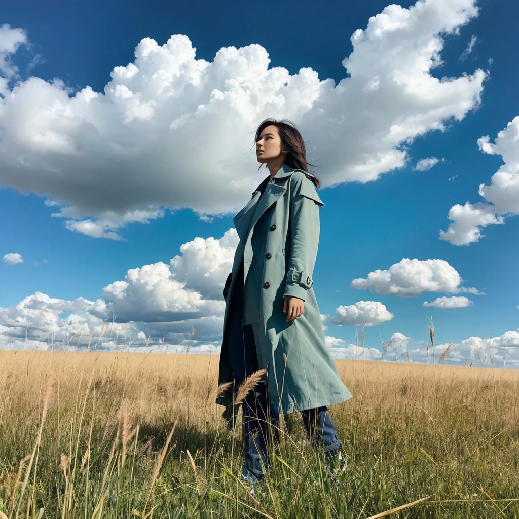 in the middle of a field of tall, dry grass, a woman stands with a blue sky and several clouds behind her, this woman is wearing a trench coat and appears to be holding several stalks of grass, aesthetic composition, contrast between natural setting and stylish clothing