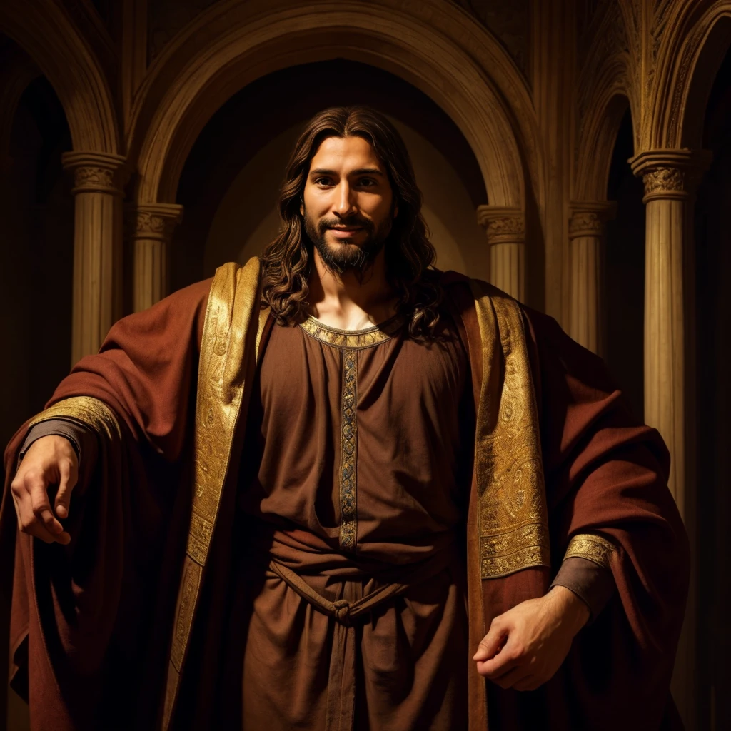 A serene and peaceful face of Jesus smiling, with a look full of love, compassion, and wisdom with his hands extended towards the viewer, realistically, with his cloak covering his entire body. The portrait captures the essence of his divine presence, with intricate details and a realistic representation. The artist skillfully depicts Jesus as a 33-year-old Hebrew man with short brown hair and a long brown beard. The open arms of Jesus invite everyone to seek comfort and find salvation. The painting, reminiscent of the styles of Diego Velázquez, Pedro Paulo Rubens, Rembrandt, and Alex Ross, shows his mastery in capturing the human form and the spiritual aura surrounding Jesus. This exceptional work of art is created using the finest oil painting techniques, resulting in a surreal and hyper