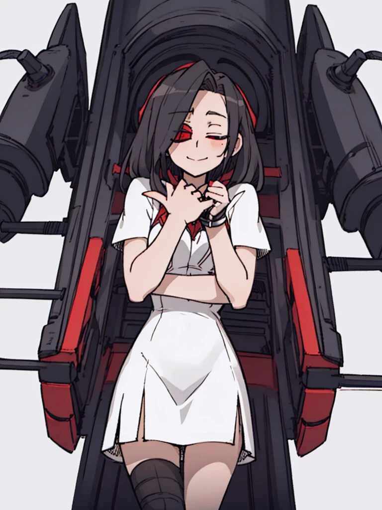 Score_9, score_8_up, score_7_up, score_6_up,  gyaru, source_anime, 1girl, solo, macabre and sinister woman, long hair that covers the eyes, sinister and macabre smile, Eyes red, short white dress.