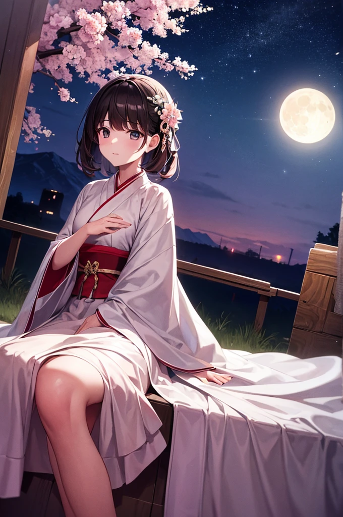 Highest quality, expensive_solve, clear_image, Detailed Background ,girl, hanbok,flower,garden,moon, night,Dutch Angle, Wide Shot, Crown,