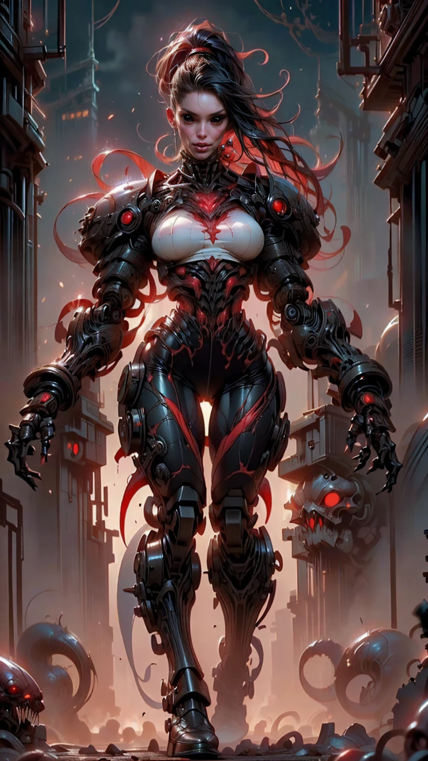 (beautiful girl:1.25), (megan fox:1.25), (young bodybuilder girl wearing cybernetic muscle suit:1.25), carnage muscular physique, seductive face, mouth wide open carnage style, long red hair, perfect muscular body, super skinny legs, sissy, femboy, (carnage style physique)