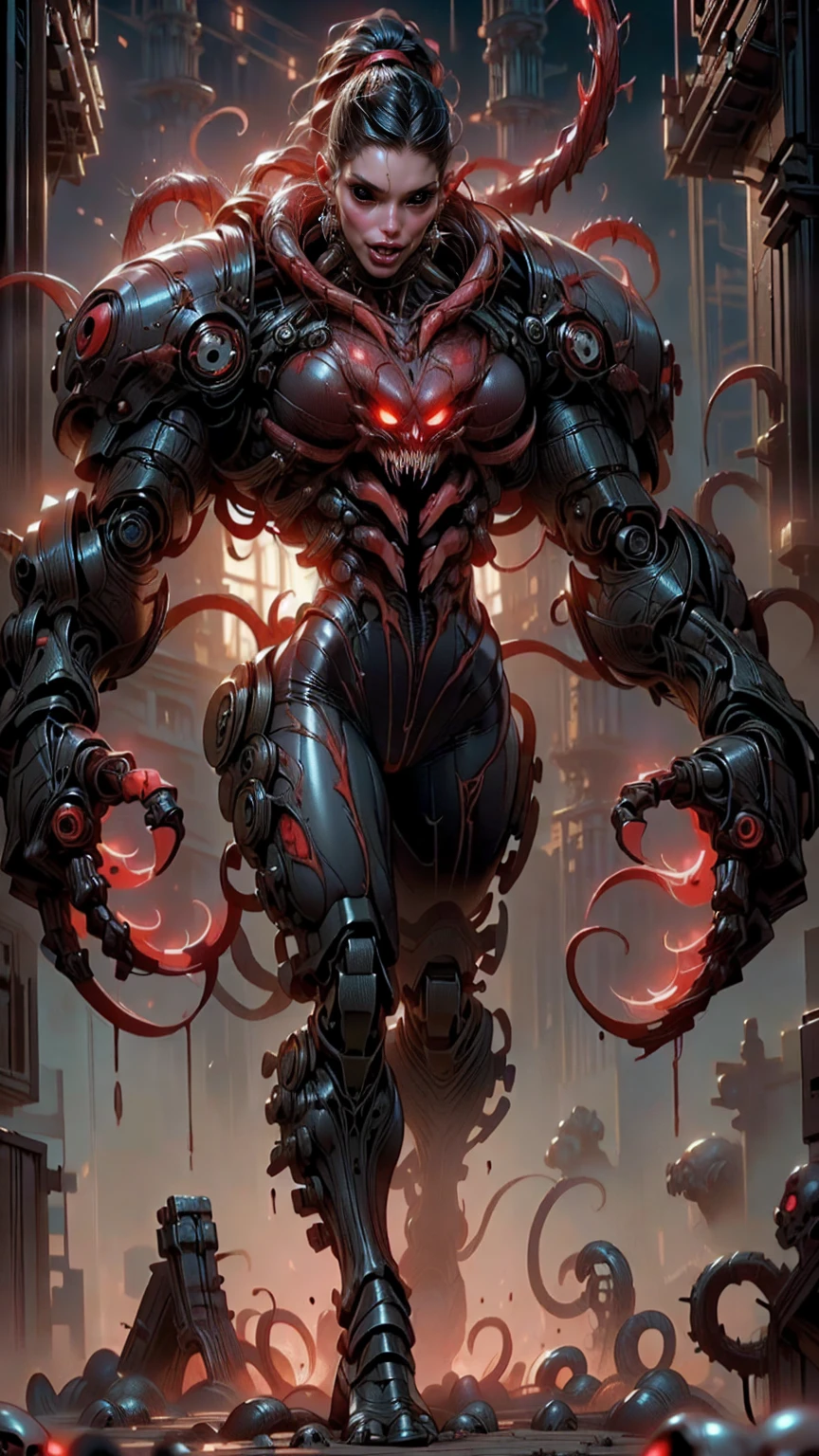 (((beautiful girl face))), (((megan fox as a beautiful vampiric girl with a muscular red carnage body))), (((red carnage anatomic muscular bio-mecha muscle suit))), (((body totally covered in muscles, veins, tendons))), (((perfect muscular anatomy))), (((wide shoulders and upper body))), (((slim waist))), (((long hair))), (((perfect hands:))), (((full body view)))
