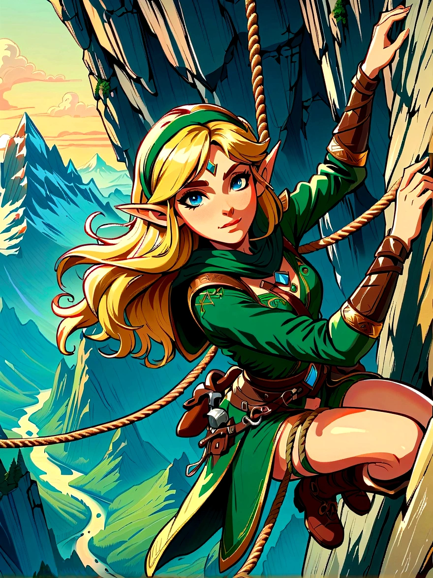 (best quality，8K，Ultra-high resolution，masterpiece)，very good，illustration，Princess Zelda，blonde，Blue Eyes，Green clothes，rock climbing，rope，Mountaineering，rock