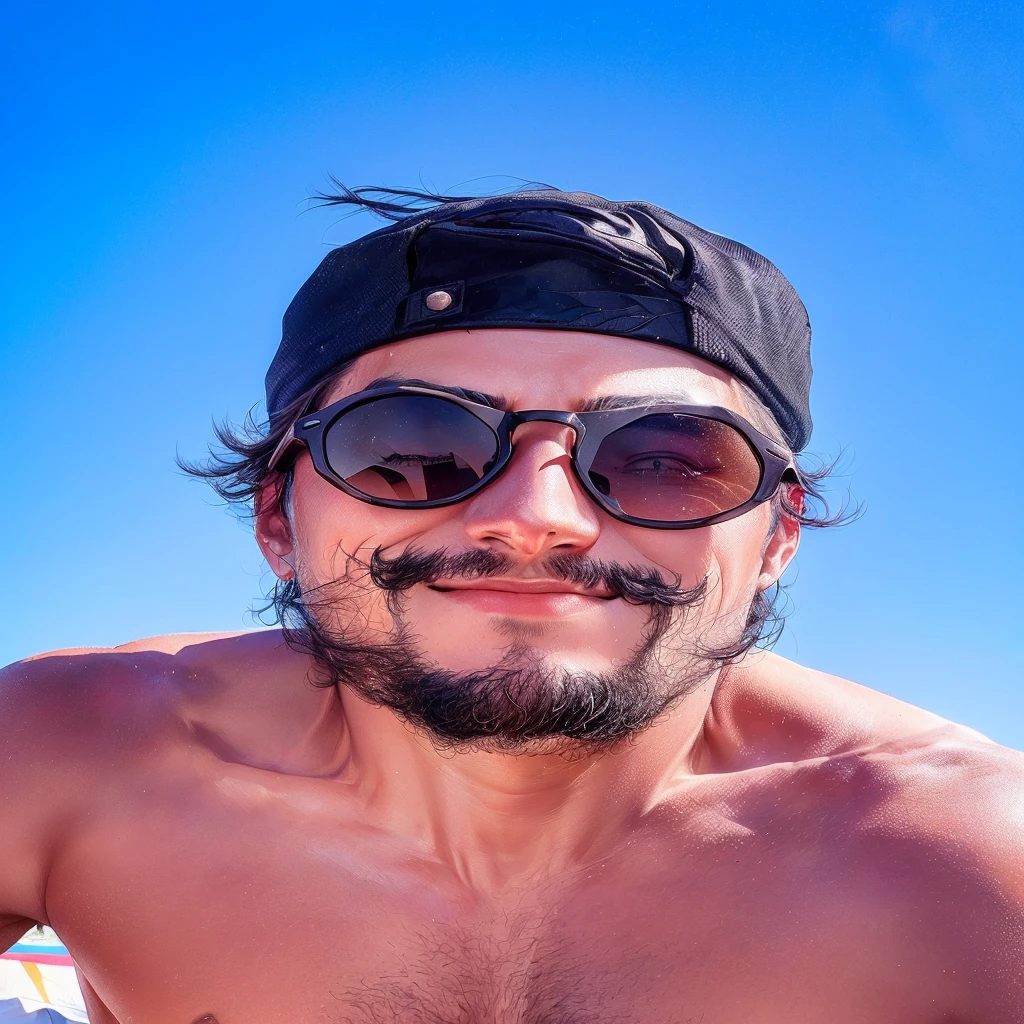 A man with a black cap and sunglasses and no shirt against a blue sky