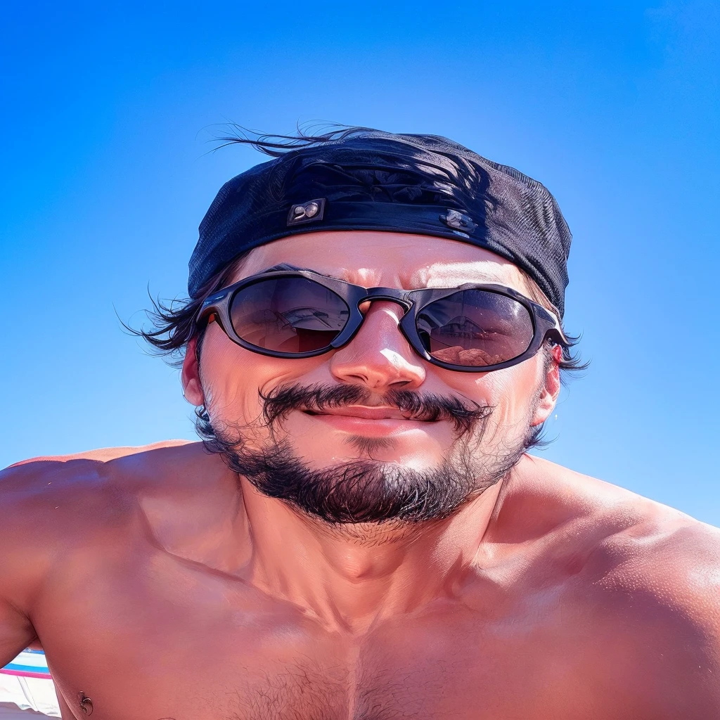 A man with a black cap and sunglasses and no shirt against a blue sky