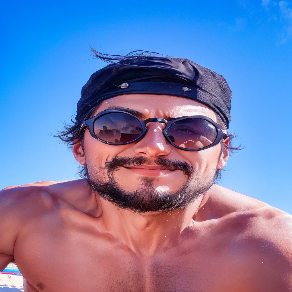 A man with a black cap and sunglasses and no shirt against a blue sky