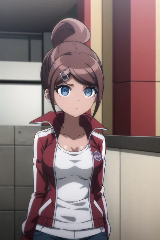 masterpiece,High resolution,8K,Detailed anatomy (****************,Danganronpa,Aoi Asahina,Aoi Asahina,Brown skin,Brown Hair,ponytail,Barrette,Big blue eyes,Glamour）（Shorts,White tank top,red open jacket,Long sleeve）