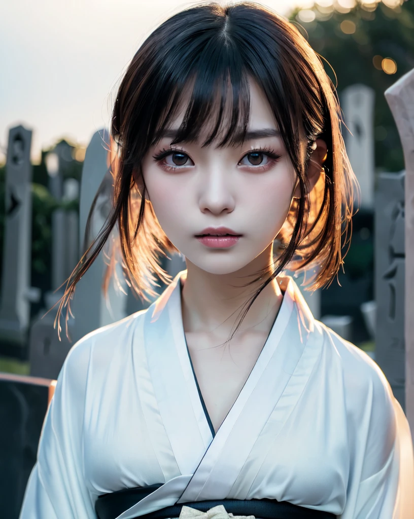 (Highest quality, 32k, High resolution, Masterpiece:1.5), marimo_jet, World of Darkness, A terrifying photograph, Horror, Evoking eerie silence and elusive beauty, Expressing emotions, Have a rich imagination, Beautiful Japanese Girls, An exceptionally beautiful face, Small Face Beauty, , Perfect Human Anatomy, Magical big eyes, Fleeting Expression, Black Hair, Neat, super long, straight silk hair, Asymmetrical bangs, Hair between the eyes, Unhealthy pale skin, Sharp eyebrows, Thin lashes, ((White kimono:1.43)), Slim figure with ample breasts, ((Japanese Cemetery:1.5)), ((Midnight Darkness:1.5)), Professional photographer, Professional models