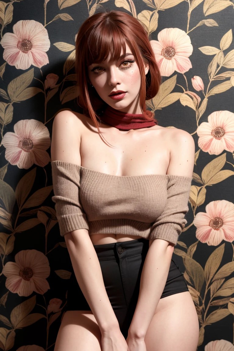 (masterpiece, best quality, highres, realistic, intricate details:1.2), (perfect beautiful detailed eyes:1.2), (glowing iris:1), (detailed light:1.2), rim lighting, 3/4 shot, (vintage photography:1.4), , (1950s style, pin-up, sexy:1.2), rebel, (muted colors:1.4), 1girl, 20 years old, brown retro updo, lipstick, blush, light freckles, medium breasts, thick thighs, pale skin, skindentaion, (red silk neck scarf), (black midriff off shoulder sweater:1.2), high waisted pleated tweed skirt, black thighhighs, (arms behind back), (1950s floral wallpaper background:1.1), makima\(chainsaw man\), red hair, yellow eyes, ringed eyes shoko_ieiri, eyebags, eyeshadow, makeup,