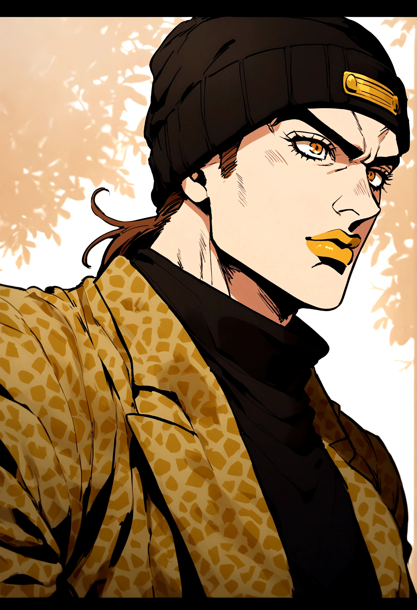 jojo's bizarre adventure boy with black beanie hat brown hair and black clothes