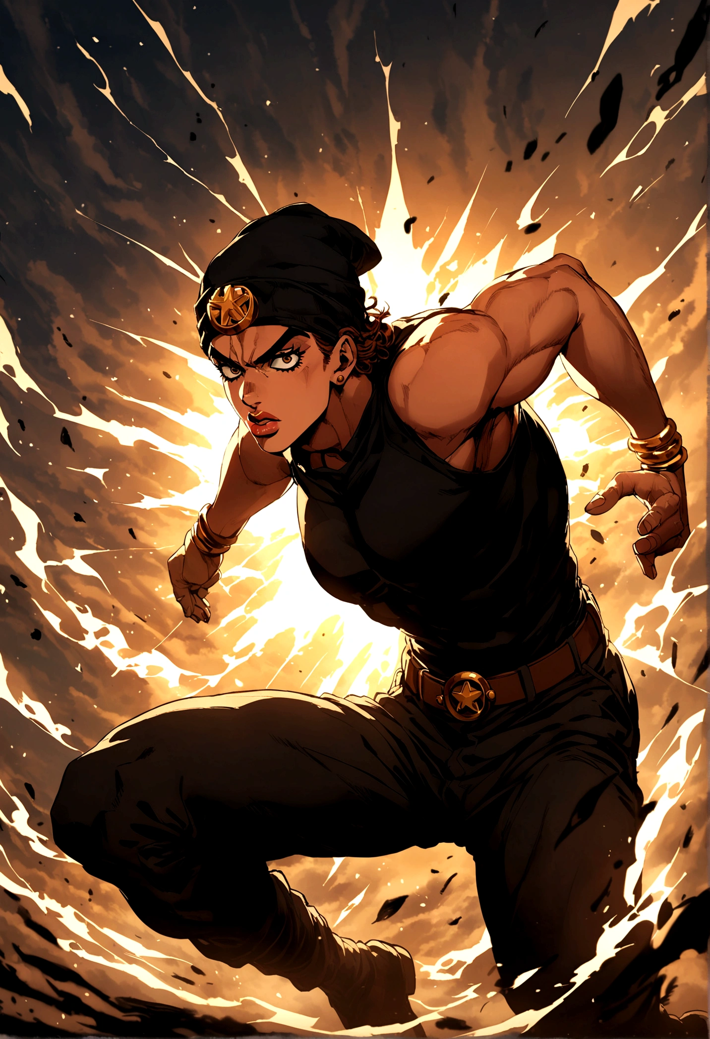 jojo's bizarre adventure boy with black beanie hat brown hair and black clothes