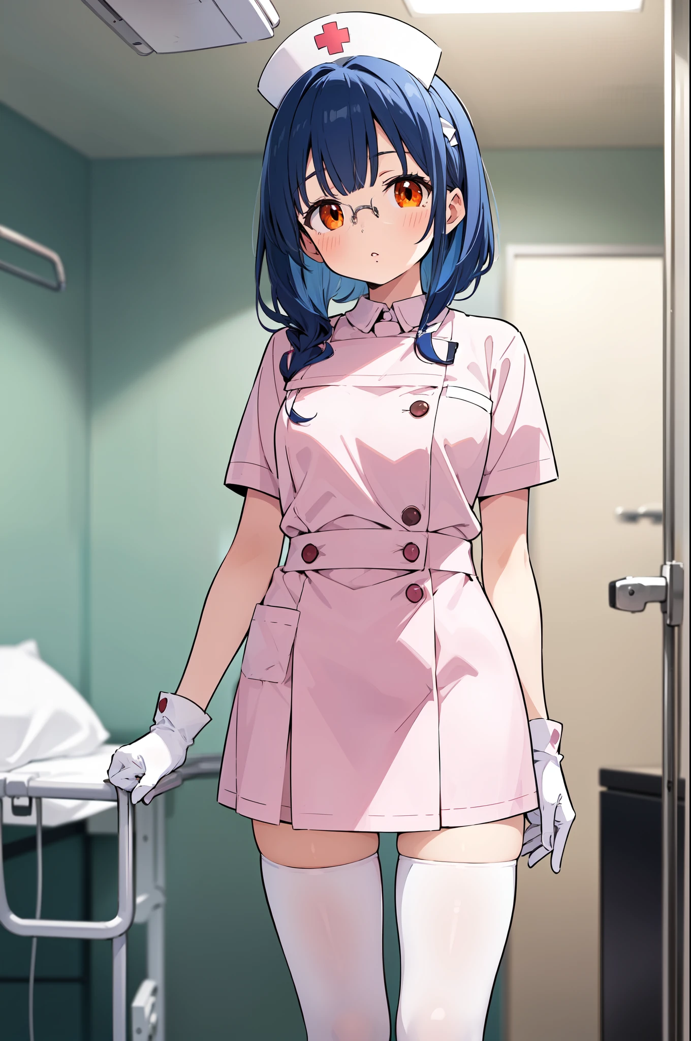 1woman, solo, nurse, white nurse cap, white nurse uniform, ((white legwear, zettai ryouiki)), white gloves, glasses, blue hair, orange eyes, pink lips, no impression, standing, ((hospital room)), sharp outline, short sleeves, mature female, 35 years old, best quality, masterpiece