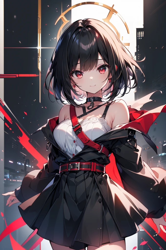(masterpiece, highest quality, highest quality, (No text), Beautiful and aesthetic:1.2),No text,アニメ、BREAK,One Girl,Black Hair Girl short hair older sister choker Tree Eyes Beautiful eyes Red eyes cool smile Red and Black Black jacket mini skirt whole body In town