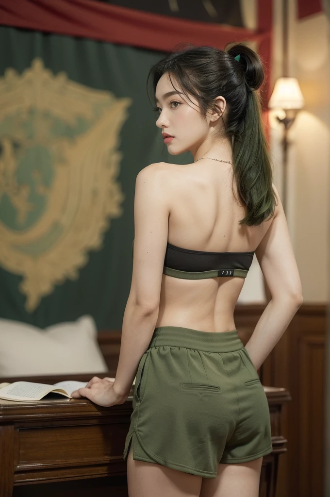 (((best quality))),(((ultra detailed))),(((masterpiece))),illustration,((1 beautiful young girl,female soldier,solo)),(short black ponytail:1.2),((slim,thin)),((shoulder off,strapless,bare back,towering hips,butt crack)),determined,professional,demeanor,(light green short-sleeved shirt:1.3),(dark green shorts:1.2),(slender legs:1.2),military,affiliation,background,military conference room,walls,maps,battlefields,strategic points,markings,(large red flag),nation's unity,strength,seriousness,planning,important discussion,rigid posture,focused expression,confidence,respectability,bright intense eyes,analyzing situation,contribute thoughts,ideas,charm,powerful,intense atmosphere,freezes moment in time,essence,striking appearance,(night scene:1.2),((from back,upper body))