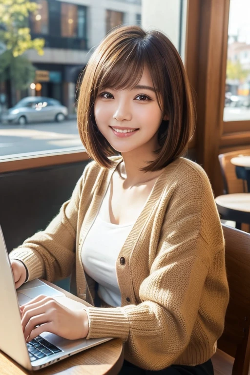 (best quality, 1 girl, medium hair, straight hair, bob cut, brown hair, smiling, wearing blouse and cardigan, sitting, typing on laptop, at cafe, natural light, warm tone lighting)
