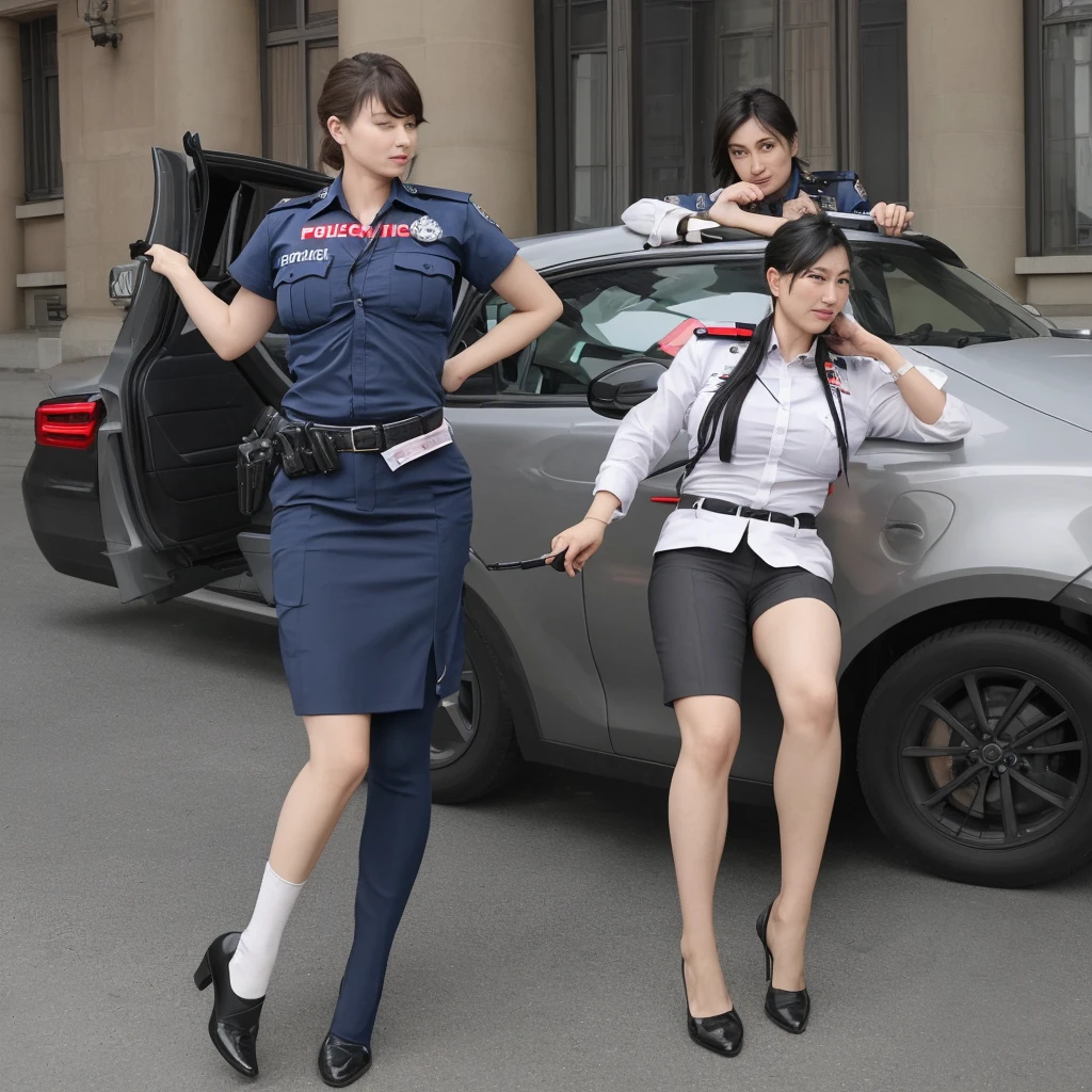 two policewomen are handcuffing a beautiful nun