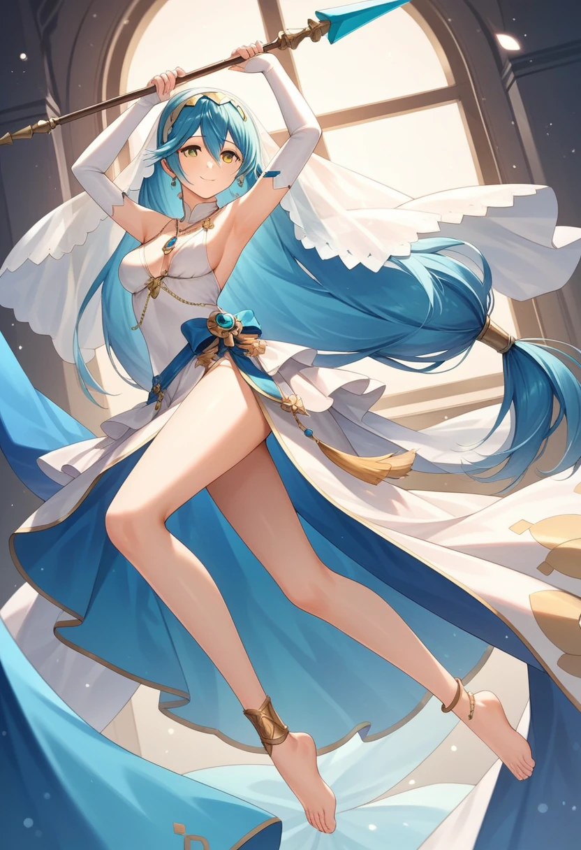 masterpiece, Highest quality, Very detailed, score_9, score_8_upper, score_7_upper, score_6_upper, アニメ, Aqua(Fire emblem), Low-tied_long_hair, light_blue_hair, Yellow Eyes, Asymmetrical legwear, barefoot, Opera Gloves, pendant,White legwear, Single bare leg, White Dress, hair band, Long hair between the eyes, Gold Anklet, Veil, Beautiful Eyes, Perfect Face, Perfect hands, Perfect Fingers, medium breasts, Very beautiful long legs, Thighs, spear, Have a weapon, armpits, light smile