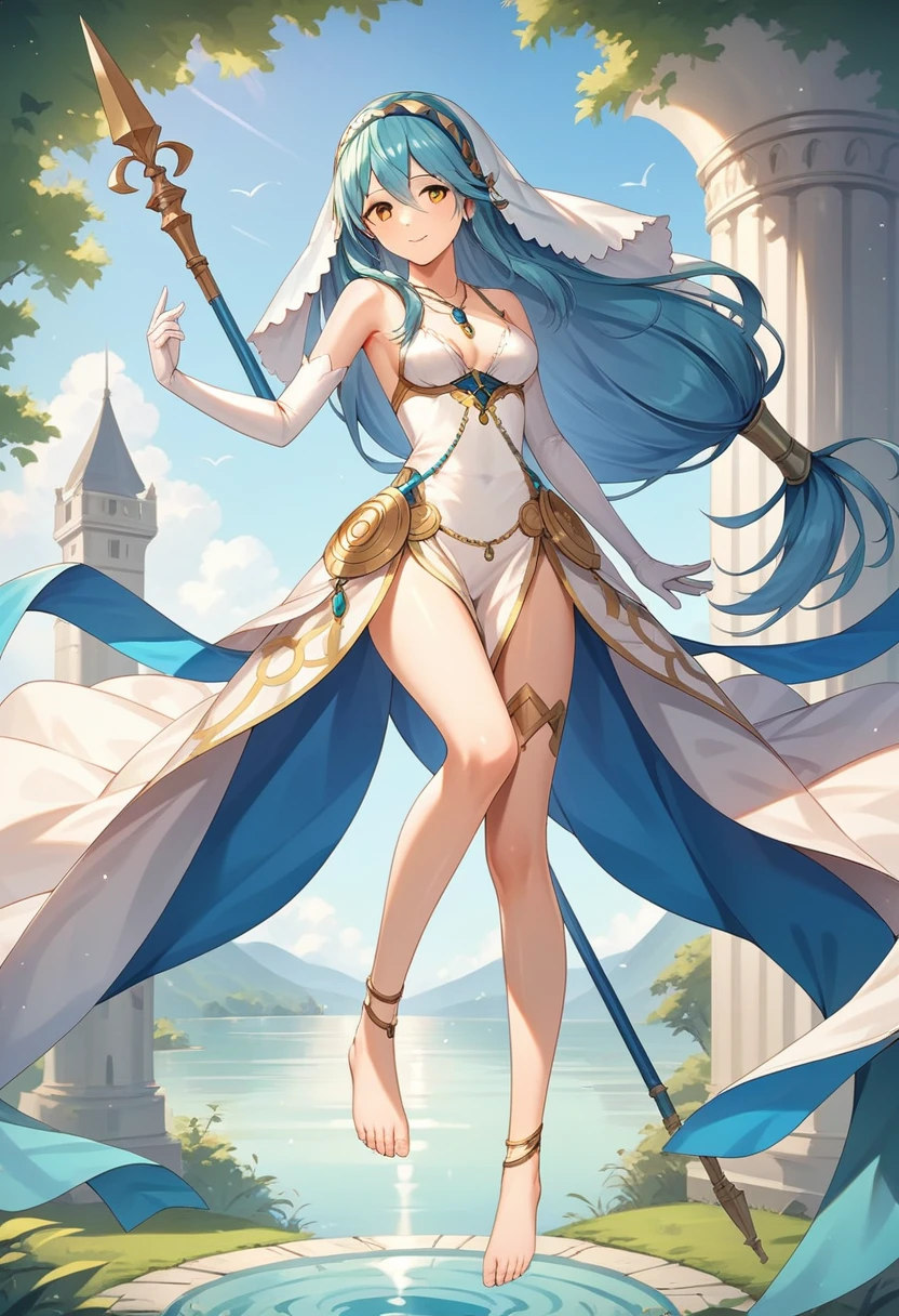 masterpiece, Highest quality, Very detailed, score_9, score_8_upper, score_7_upper, score_6_upper, アニメ, Aqua(Fire emblem), Low-tied_long_hair, light_blue_hair, Yellow Eyes, Asymmetrical legwear, barefoot, Opera Gloves, pendant,White legwear, Single bare leg, White Dress, hair band, Long hair between the eyes, Gold Anklet, Veil, Beautiful Eyes, Perfect Face, Perfect hands, Perfect Fingers, medium breasts, Very beautiful long legs, Thighs, spear, Have a weapon, armpits, light smile
