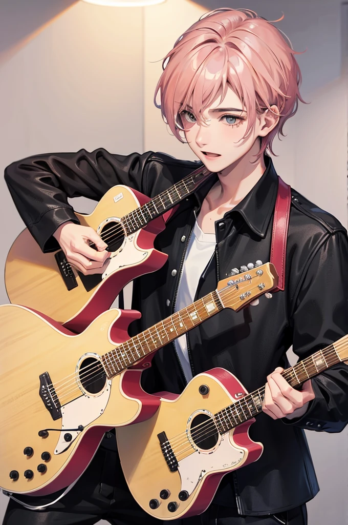 A young 18 year old man, playing guitar, detailed hands, pink hair