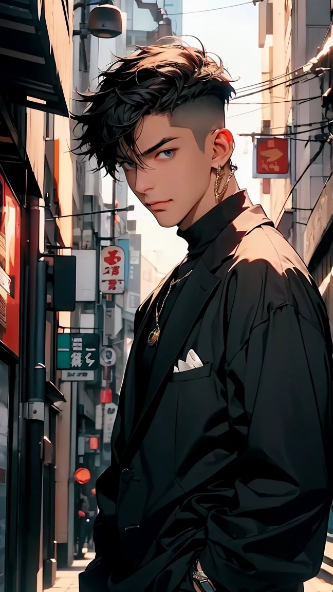 highest quality, 8K, high resolution image, anime style Jujutsu Kaisen, detailed strokes, slightly tanned skin, blurry, purple light reflecting from it, (close angle), 1 man, young, male, model, cool guy, muscular, blue Eyes, brown very short hair, brown hair, short hair, hairstyle: undercut, swollen chest, he is wearing a T-shirt under a suit jacket and sweatpants, hand in trouser pocket, gold link chain, background: city, Tokyo, business district