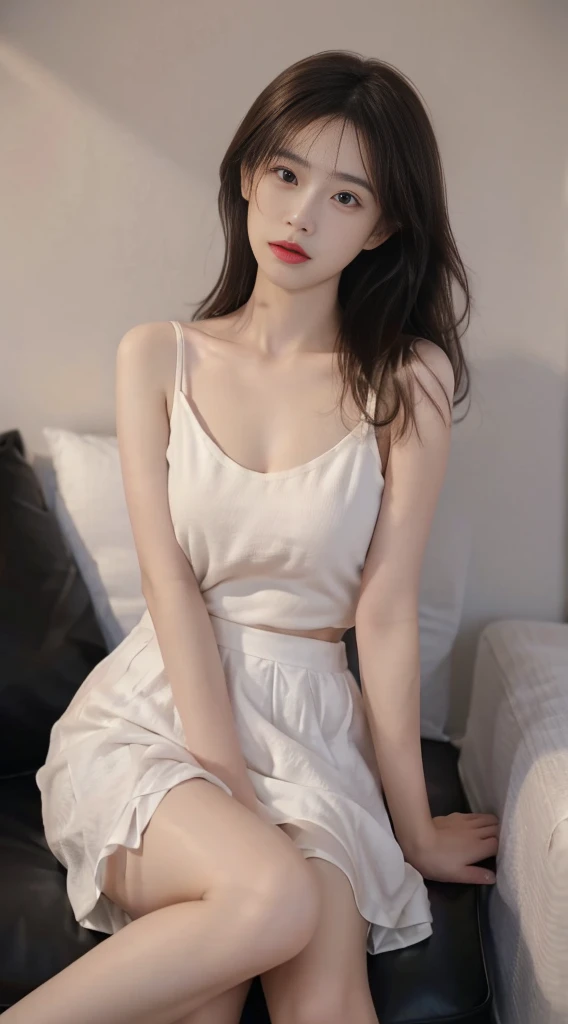 Temperament girl, delicate facial features, big breasts, bangs, pink ponytail, messy hair, hair is very realistic, wearing a pink slip dress, the background is full of wall photos, sea view, Du Qiong, exquisite makeup, light red lips, gentle eyes, double eyelids, black holes, bright eyes, symmetrical face, face is very real, narrow waist, thighs, big breasts, meticulously portraying the girl's face, blush, super high appearance, looking at the audience, very realistic skin, skin oil reflection, artwork, The clothes have a real cloth texture, realistic painting, cinematic style, photography level, ray tracing, real light and shadow effects, realism, masterpieces, like the top photography effects, 8K