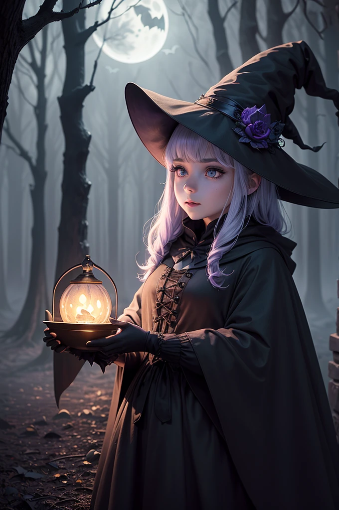 (best quality,4K,high resolution,masterpiece:1.2),Extremely detailed,(Practical,photoPractical,photo-Practical:1.37),Halloween,witch,Full Moon,In a spooky forest,pumpkin lantern,Unforgettable atmosphere,Ominous shadow,Dark and eerie atmosphere,Twisted branches、Creepy trees,Foggy,Fascinating light,witch's broomstick,flying witches silhouettes,witch's cauldron bubbling with magical potions,A charming spell fills the air,Mysterious and magical atmosphere,witch's hat and cloak,Glittering eyes peer through the darkness,Ghostly creatures lurking in the shadows,A net gleaming with dew,A wolf howls in the distance,Unforgettable music,Autumn leaves rustle on the ground,An atmosphere full of mystery and charm,Dark purple and black,The pale moonlight exudes an ethereal glow,Whispers of ancient spells,Dancing torch flames,Silhouette of a black cat in the moonlight,Bats fly in the air,crackling flames,Sparks Fly,Rush into the night sky