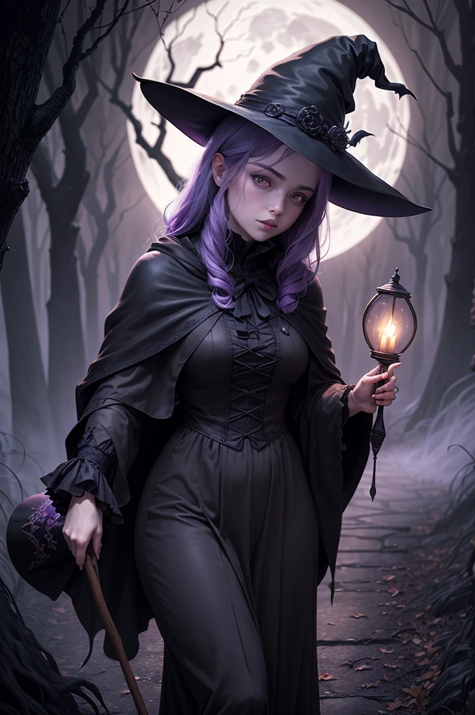 (best quality,4K,high resolution,masterpiece:1.2),Extremely detailed,(Practical,photoPractical,photo-Practical:1.37),Halloween,witch,Full Moon,In a spooky forest,pumpkin lantern,Unforgettable atmosphere,Ominous shadow,Dark and eerie atmosphere,Twisted branches、Creepy trees,Foggy,Fascinating light,witch's broomstick,flying witches silhouettes,witch's cauldron bubbling with magical potions,A charming spell fills the air,Mysterious and magical atmosphere,witch's hat and cloak,Glittering eyes peer through the darkness,Ghostly creatures lurking in the shadows,A net gleaming with dew,A wolf howls in the distance,Unforgettable music,Autumn leaves rustle on the ground,An atmosphere full of mystery and charm,Dark purple and black,The pale moonlight exudes an ethereal glow,Whispers of ancient spells,Dancing torch flames,Silhouette of a black cat in the moonlight,Bats fly in the air,crackling flames，Sparks Fly，Rush into the night sky