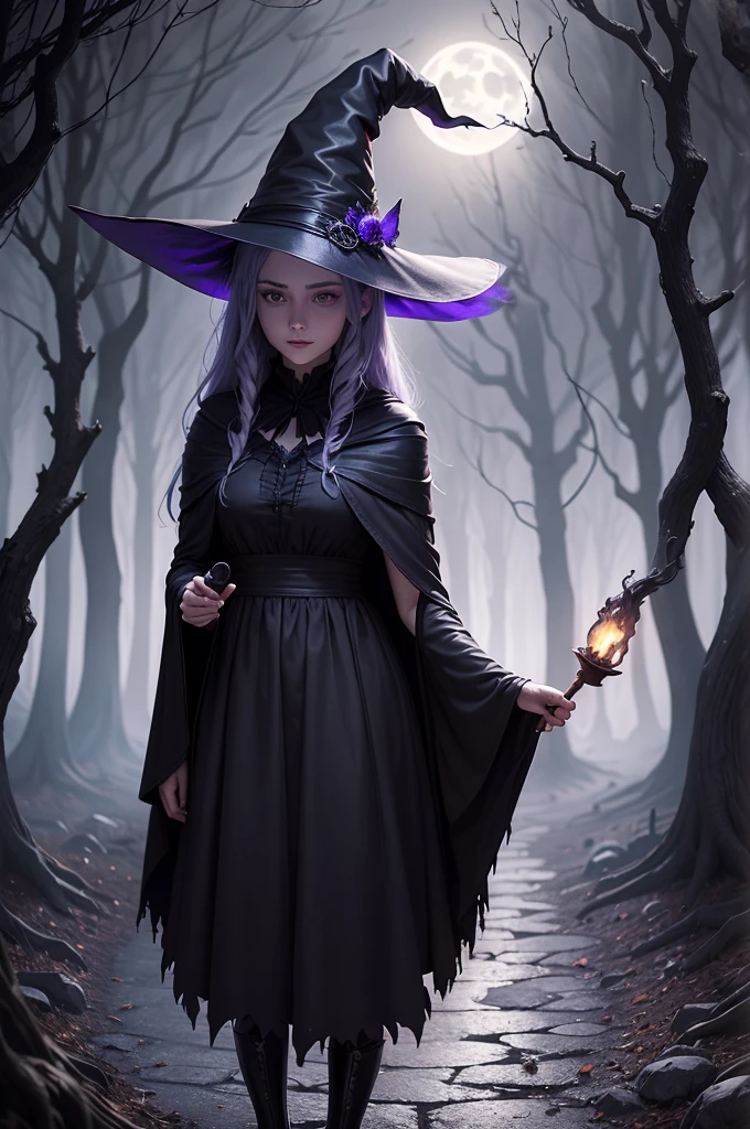 (best quality,4K,high resolution,masterpiece:1.2),Extremely detailed,(Practical,photoPractical,photo-Practical:1.37),Halloween,witch,Full Moon,In a spooky forest,pumpkin lantern,Unforgettable atmosphere,Ominous shadow,Dark and eerie atmosphere,Twisted branches、Creepy trees,Foggy,Fascinating light,witch's broomstick,flying witches silhouettes,witch's cauldron bubbling with magical potions,A charming spell fills the air,Mysterious and magical atmosphere,witch's hat and cloak,Glittering eyes peer through the darkness,Ghostly creatures lurking in the shadows,A net gleaming with dew,A wolf howls in the distance,Unforgettable music,Autumn leaves rustle on the ground,An atmosphere full of mystery and charm,Dark purple and black,The pale moonlight exudes an ethereal glow,Whispers of ancient spells,Dancing torch flames,Silhouette of a black cat in the moonlight,Bats fly in the air,crackling flames,Sparks Fly,Rush into the night sky