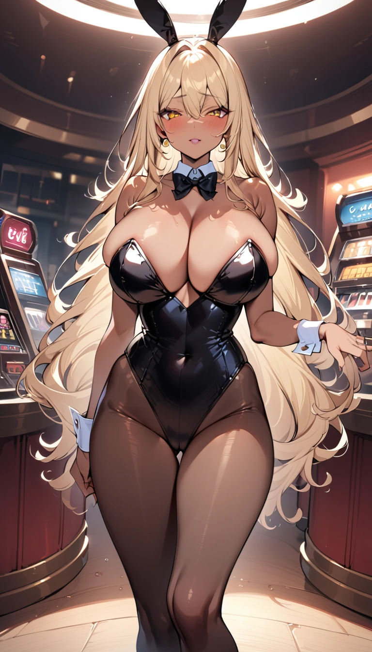 (best quality), (very aesthetic), (ultra-detailed), (best illustration), 1 woman, Solo, Adult Women, fine texture, (dark skin1.5), light blonde hair, long hair, (large breasts1.2), golden eyes, black playboy bunny, black pantyhose, casino viproom, standing