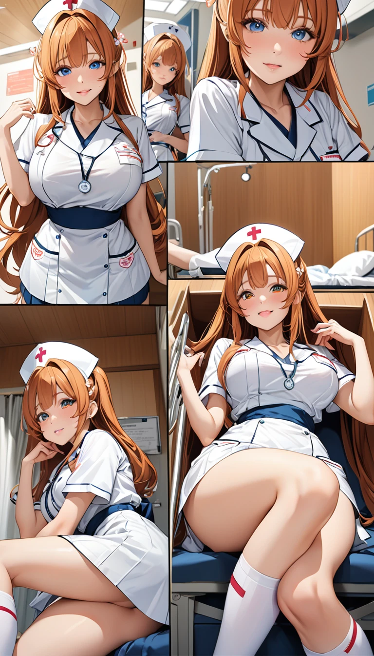 Highest quality、super high quality、16K, Delicious breasts、Facial expressions are random、Location is a hospital、 Hair color is orange、The pose is with the butt facing the viewer.、The distance is random、Angle from below、Small face、Very delicate facial expressions、Delicate eye depiction、Highly detailed hair、Erotic、18-year-old female、Glowing Skin、Soft Skin、The only sexy Japanese woman、Nurse uniform random outfit、1 female、