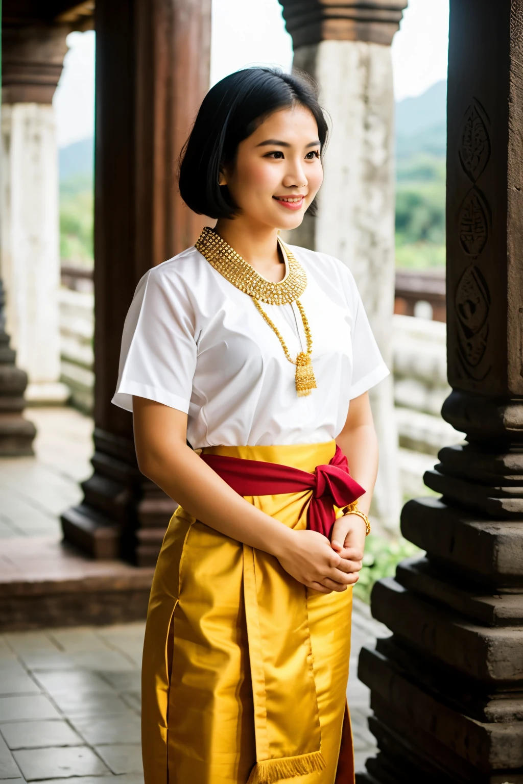 Half-grain photo,Thai women, Wear traditional Thai clothing, sash, stand holding hands, short hair, black hair, Wear your hair parted., Wear Thai Chada, Standing among ancient Thai temples