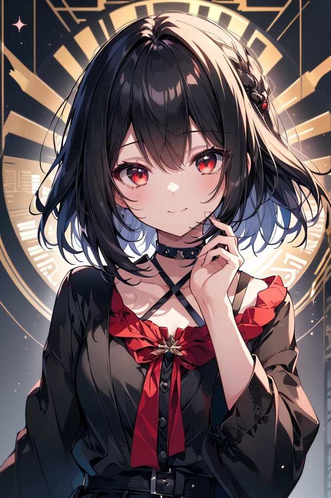 (masterpiece, highest quality, highest quality, (No text), Beautiful and aesthetic:1.2),No text,アニメ、BREAK,One Girl,Black Hair Girl short hair older sister choker Tree Eyes Beautiful eyes Red eyes cool smile Red and Black Black jacket mini skirt whole body In town