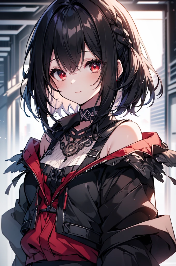(masterpiece, highest quality, highest quality, (No text), Beautiful and aesthetic:1.2),No text,アニメ、BREAK,One Girl,Black Hair Girl short hair older sister choker Tree Eyes Beautiful eyes Red eyes cool smile Red and Black Black jacket mini skirt whole body In town