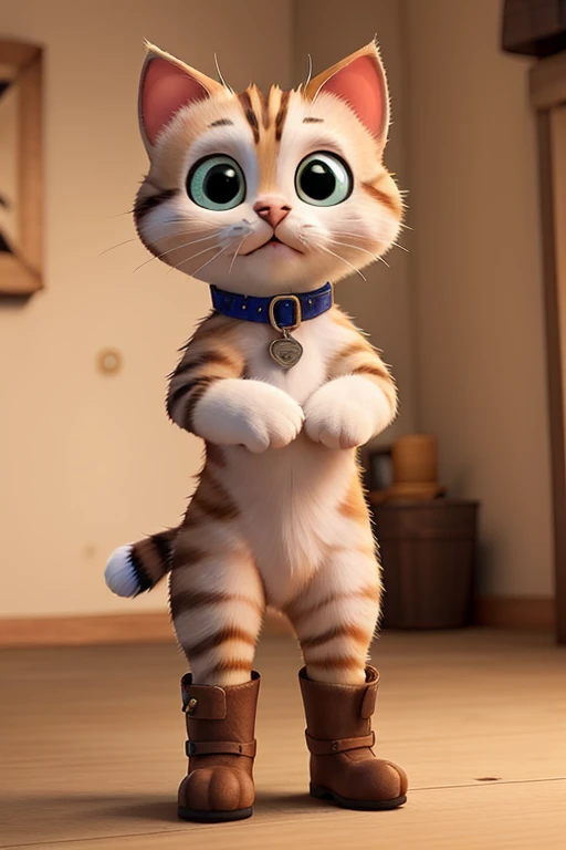 A cute kitten standing with paws raised wearing boots